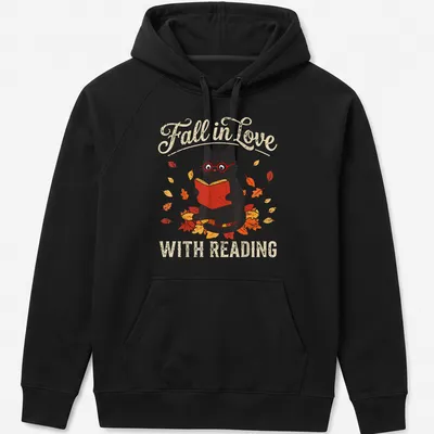 Retro design featuring a black cat with fall leaves and the text 'Fall in Love WITH READING' — printed on a unisex hoodie