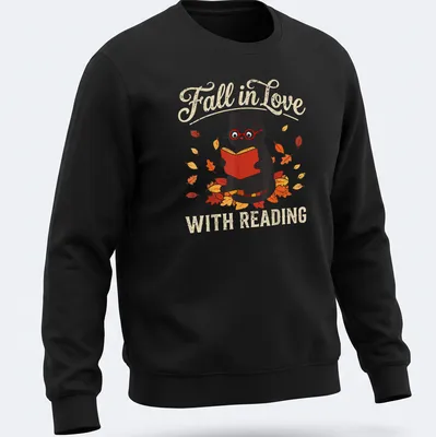 Retro design featuring a black cat with fall leaves and the text 'Fall in Love WITH READING' — printed on a unisex sweatshirt