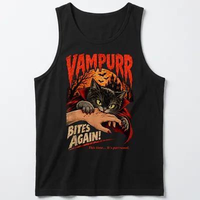 Vintage horror style t-shirt featuring a black cat and humorous text in orange and red — printed on a tank top