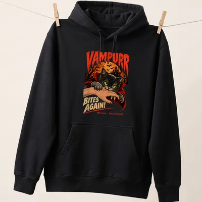 Vintage horror style t-shirt featuring a black cat and humorous text in orange and red — printed on a unisex hoodie
