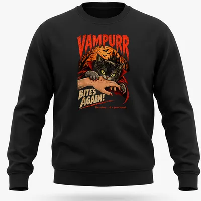 Vintage horror style t-shirt featuring a black cat and humorous text in orange and red — printed on a unisex sweatshirt