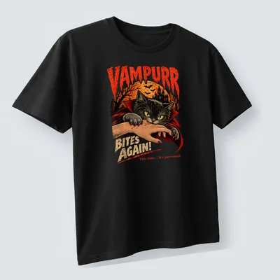 Vintage horror style t-shirt featuring a black cat and humorous text in orange and red — printed on a unisex t-shirt (angled view)
