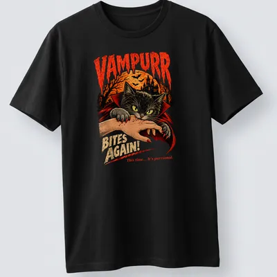Vintage horror style t-shirt featuring a black cat and humorous text in orange and red