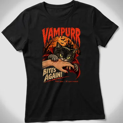 Vintage horror style t-shirt featuring a black cat and humorous text in orange and red — printed on a women's shirt