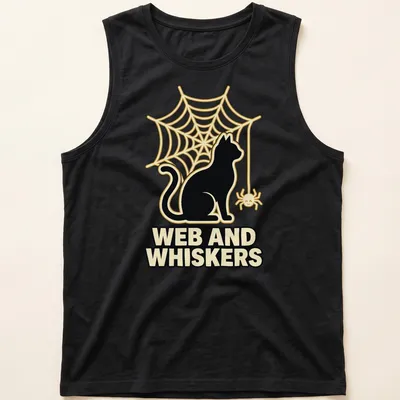 Playful black cat silhouette with web and whiskers text in gold and cream — printed on a tank top
