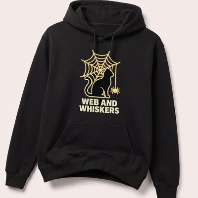Playful black cat silhouette with web and whiskers text in gold and cream — printed on a unisex hoodie