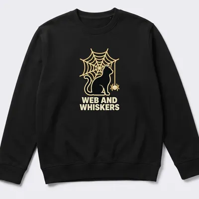 Playful black cat silhouette with web and whiskers text in gold and cream — printed on a unisex sweatshirt