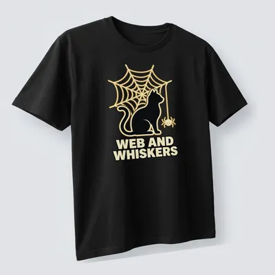 Playful black cat silhouette with web and whiskers text in gold and cream — printed on a unisex t-shirt (angled view)