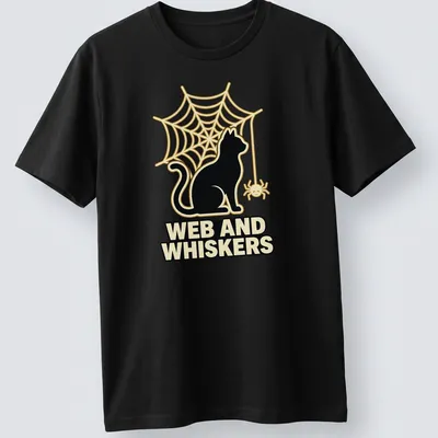 Playful black cat silhouette with web and whiskers text in gold and cream