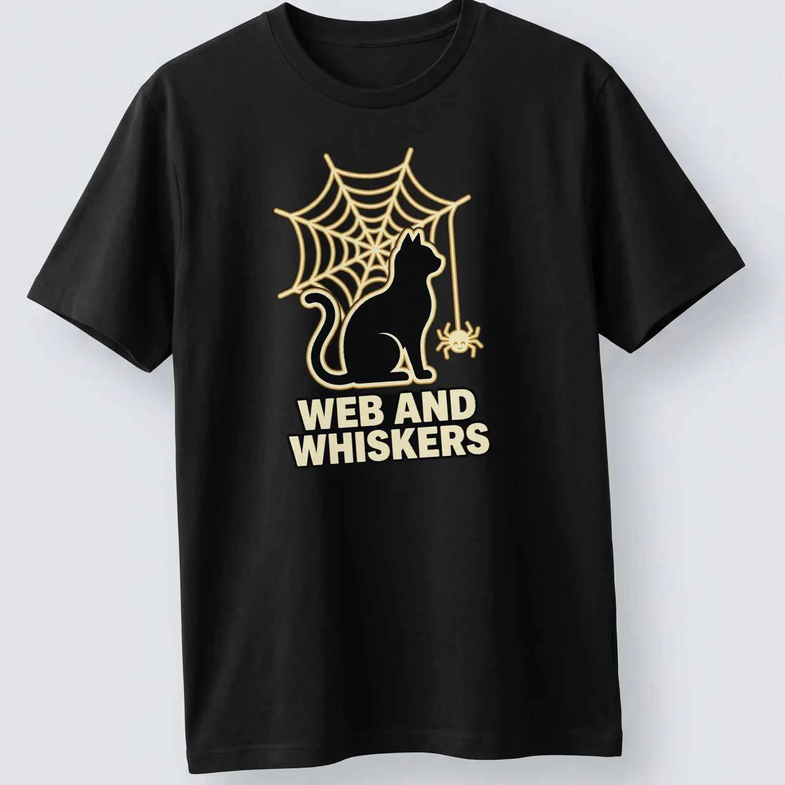 Playful black cat silhouette with web and whiskers text in gold and cream — printed on a unisex t-shirt