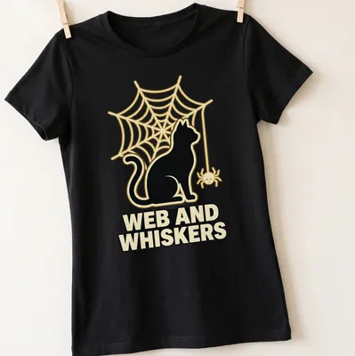 Playful black cat silhouette with web and whiskers text in gold and cream — printed on a women's shirt