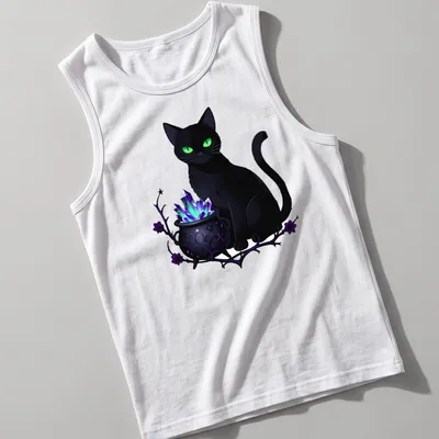 Kawaii black cat beside a cauldron with colorful crystals — printed on a tank top