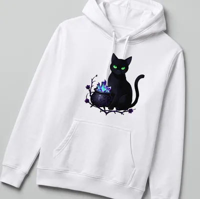 Kawaii black cat beside a cauldron with colorful crystals — printed on a unisex hoodie
