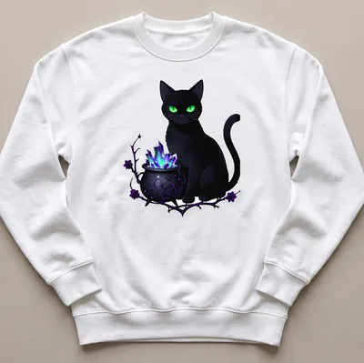 Kawaii black cat beside a cauldron with colorful crystals — printed on a unisex sweatshirt