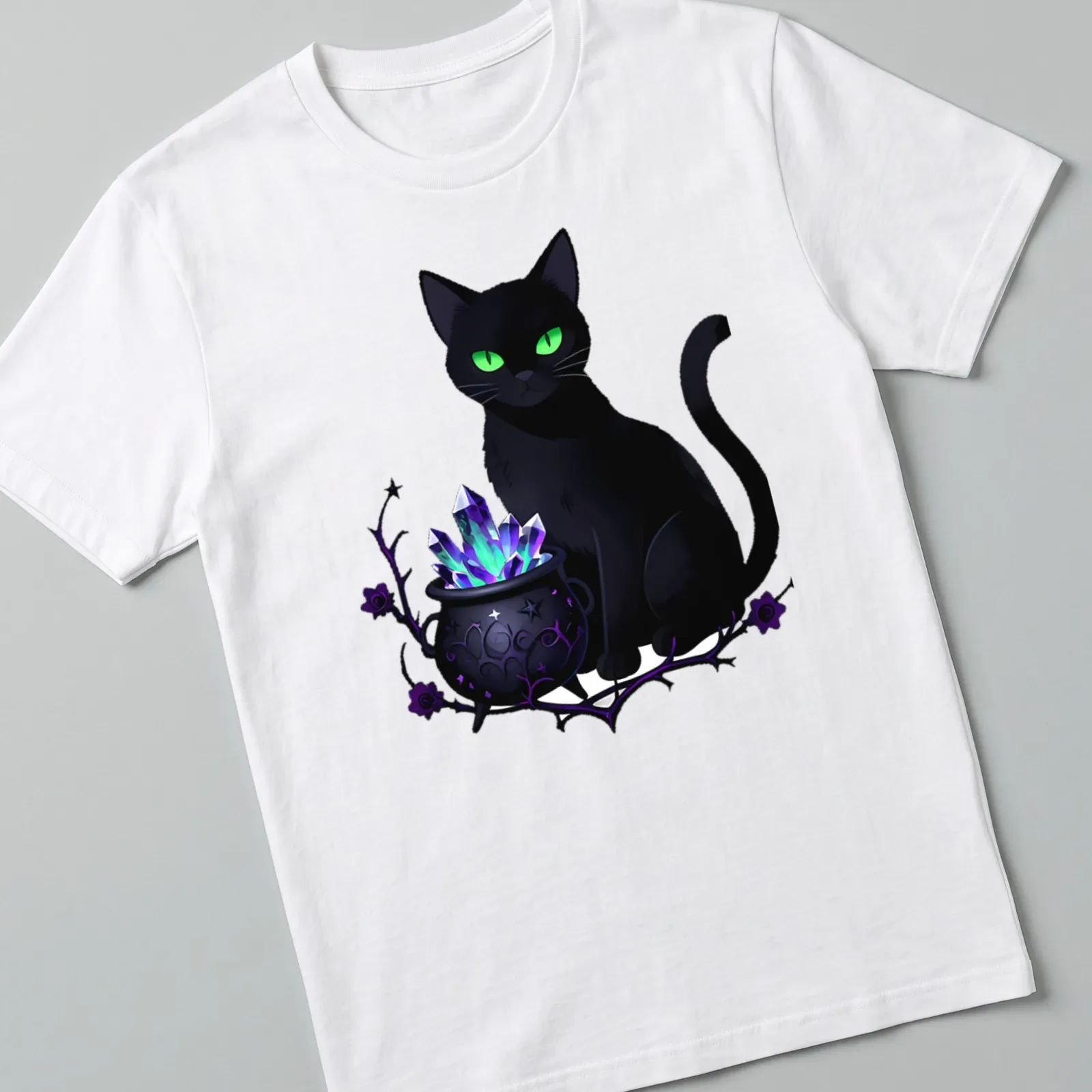 Kawaii black cat beside a cauldron with colorful crystals — printed on a unisex t-shirt