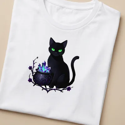 Kawaii black cat beside a cauldron with colorful crystals — printed on a women's shirt