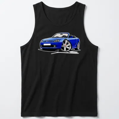 Illustration of a blue convertible sports car with black and silver details — printed on a tank top