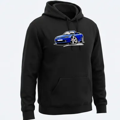 Illustration of a blue convertible sports car with black and silver details — printed on a unisex hoodie