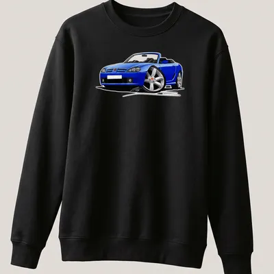 Illustration of a blue convertible sports car with black and silver details — printed on a unisex sweatshirt