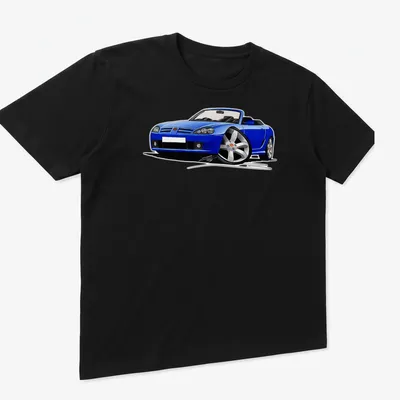 Illustration of a blue convertible sports car with black and silver details — printed on a unisex t-shirt (angled view)