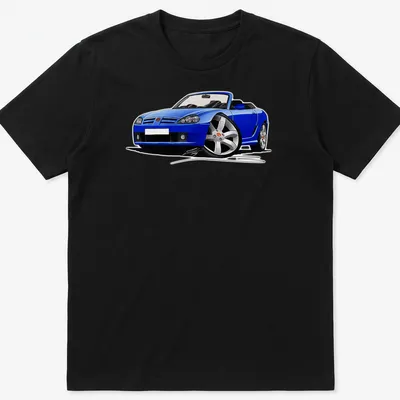 Illustration of a blue convertible sports car with black and silver details