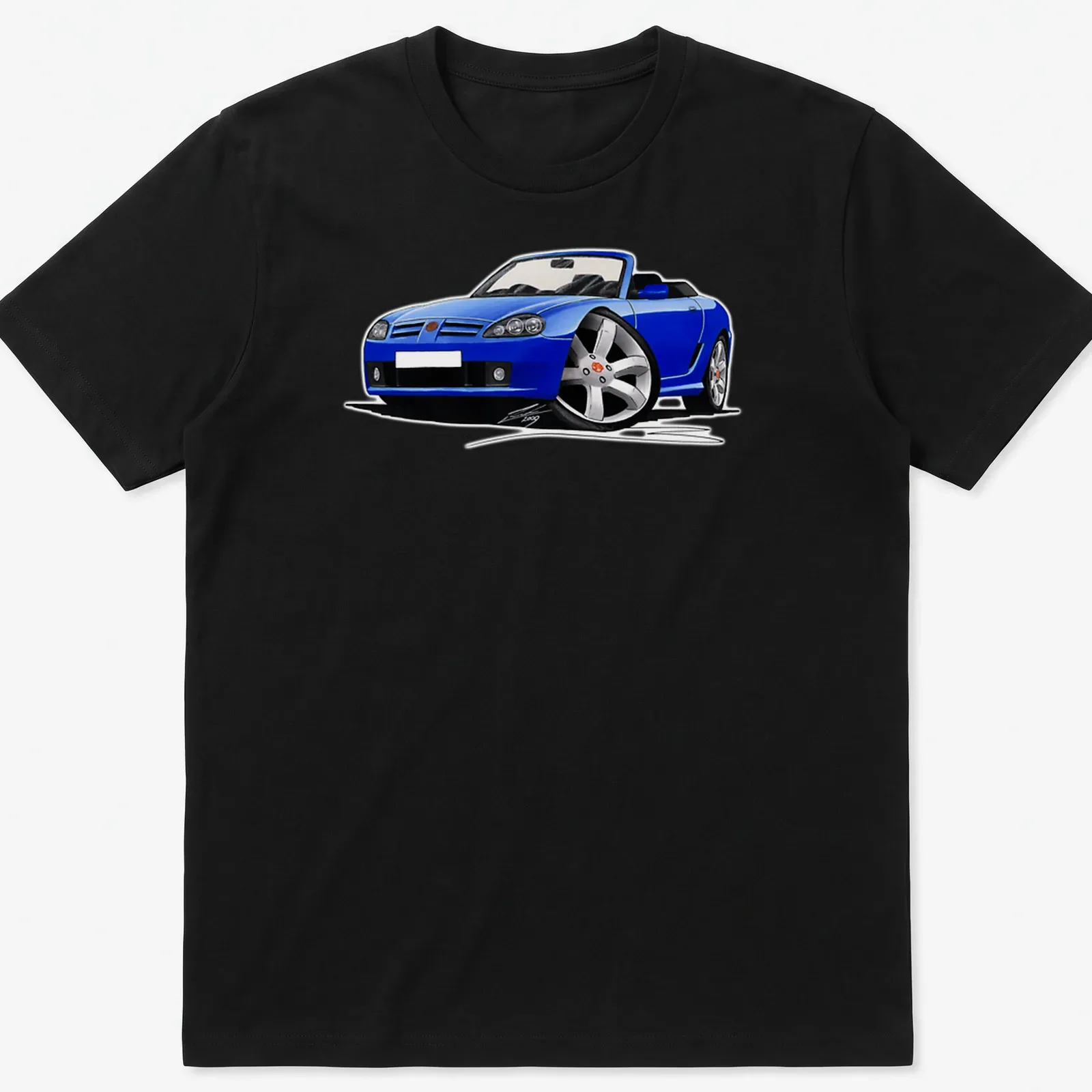 Illustration of a blue convertible sports car with black and silver details — printed on a unisex t-shirt