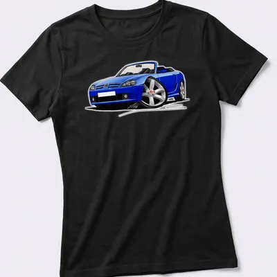 Illustration of a blue convertible sports car with black and silver details — printed on a women's shirt
