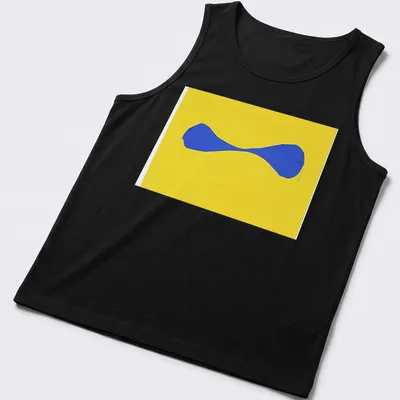 Minimalist blue abstract shape on a bright yellow — printed on a tank top