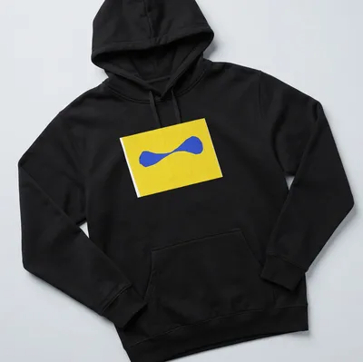Minimalist blue abstract shape on a bright yellow — printed on a unisex hoodie