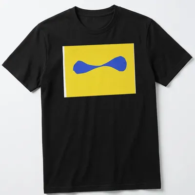 Minimalist blue abstract shape on a bright yellow T-shirt