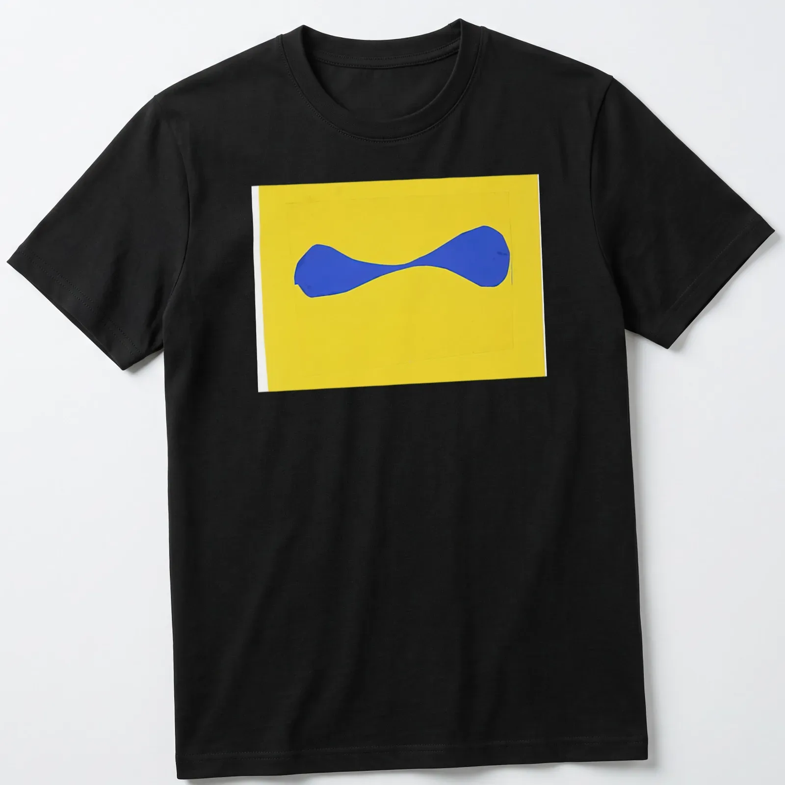 Minimalist blue abstract shape on a bright yellow — printed on a unisex t-shirt
