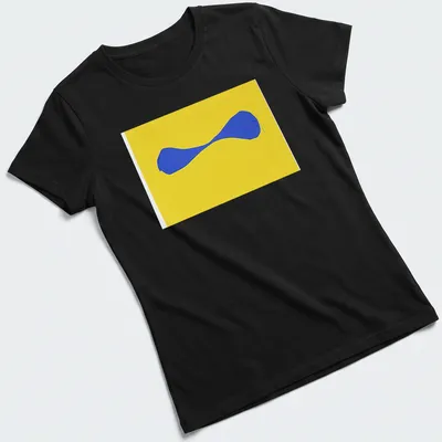 Minimalist blue abstract shape on a bright yellow — printed on a women's shirt