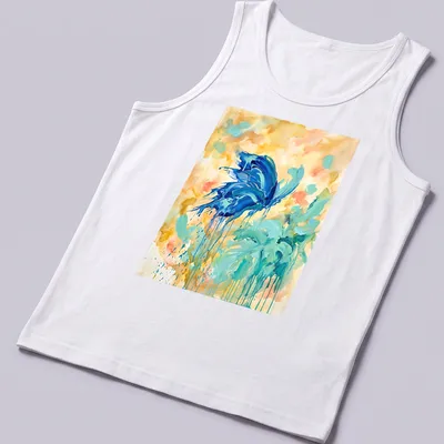 Abstract watercolor design of a Blue Morpho Butterfly in vibrant colors — printed on a tank top