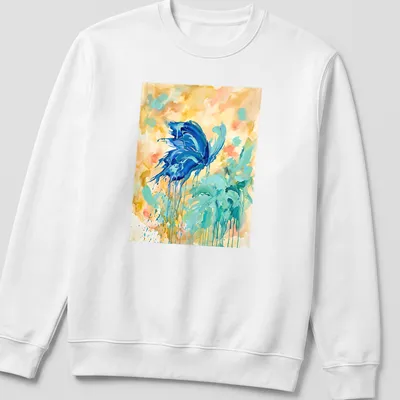Abstract watercolor design of a Blue Morpho Butterfly in vibrant colors — printed on a unisex sweatshirt