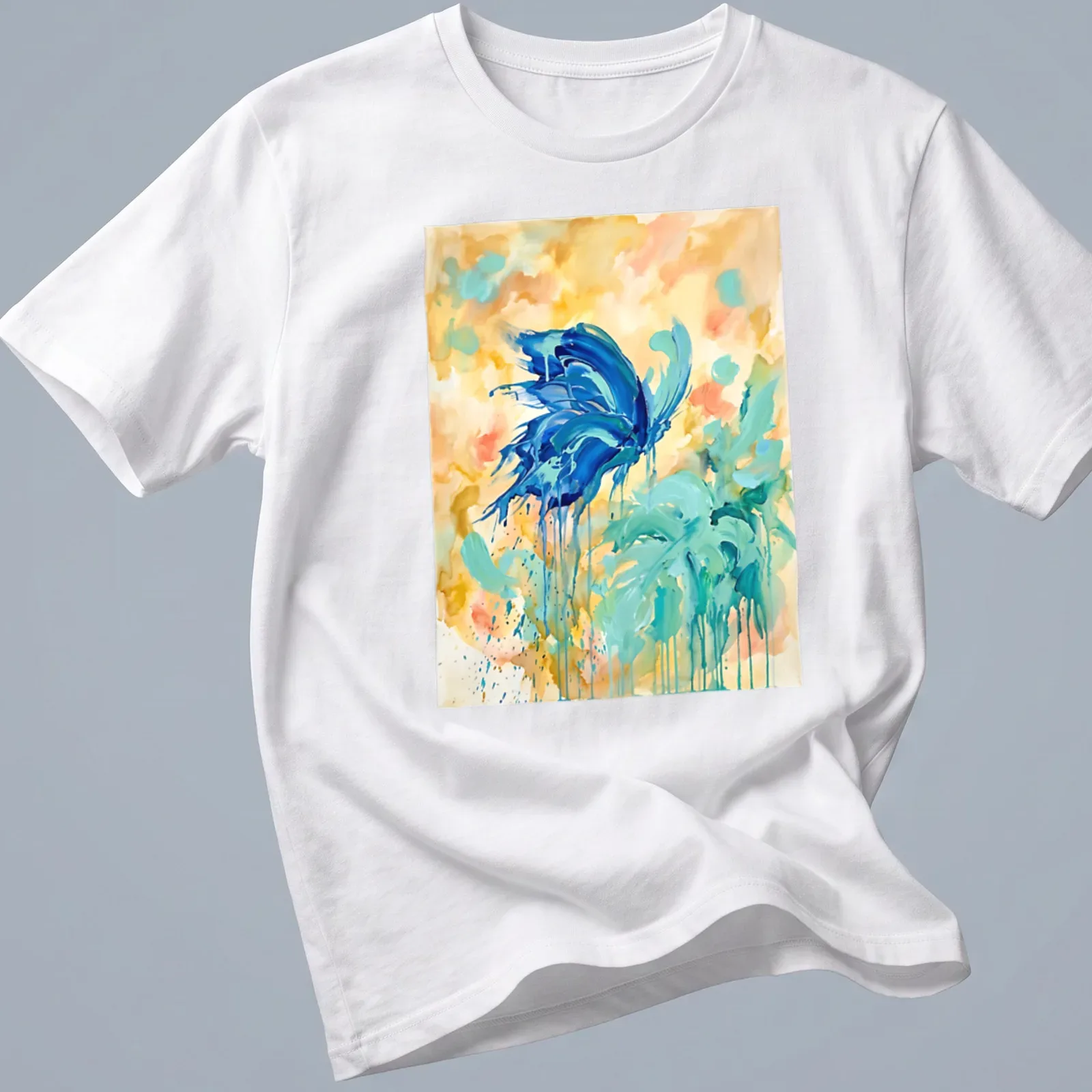 Abstract watercolor design of a Blue Morpho Butterfly in vibrant colors — printed on a unisex t-shirt
