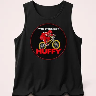 Vintage BMX Rider t-shirt featuring Pro Thunder Huffy logo with a rider illustration — printed on a tank top