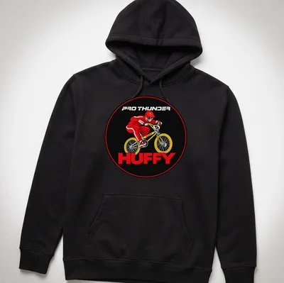 Vintage BMX Rider t-shirt featuring Pro Thunder Huffy logo with a rider illustration — printed on a unisex hoodie