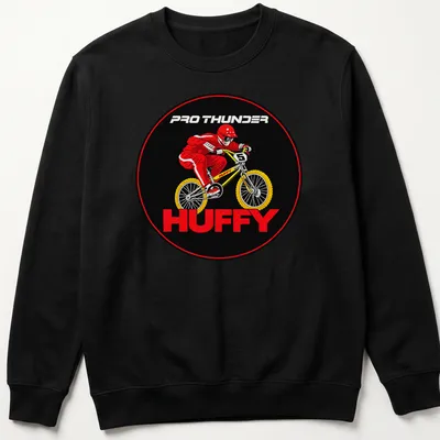 Vintage BMX Rider t-shirt featuring Pro Thunder Huffy logo with a rider illustration — printed on a unisex sweatshirt