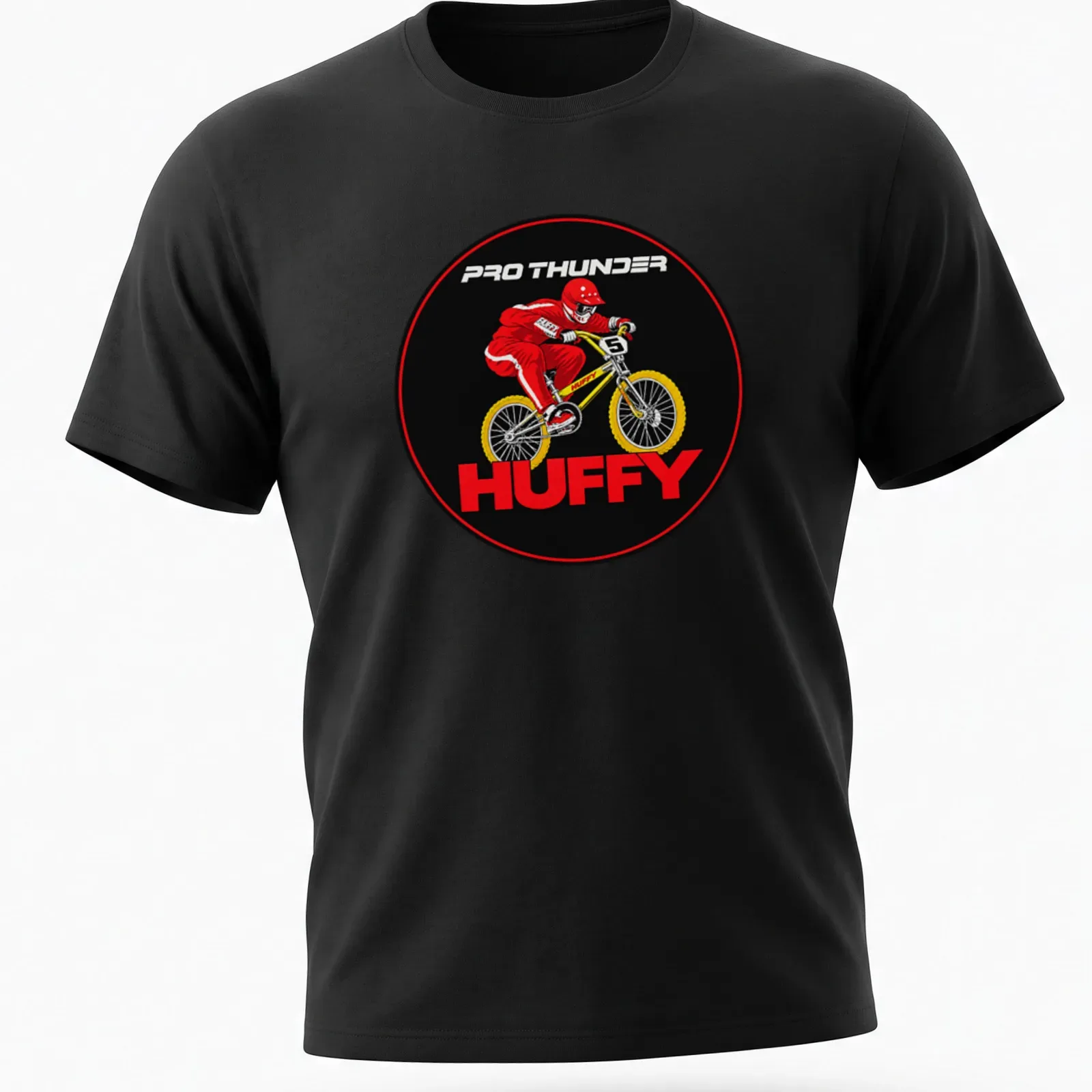 Vintage BMX Rider t-shirt featuring Pro Thunder Huffy logo with a rider illustration — printed on a unisex t-shirt