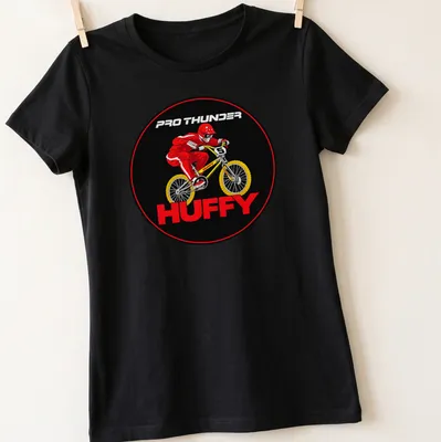 Vintage BMX Rider t-shirt featuring Pro Thunder Huffy logo with a rider illustration — printed on a women's shirt