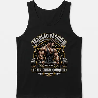 Bold typography with a bodybuilder lifting weights, showcasing inspirational message in black and gold. — printed on a tank top