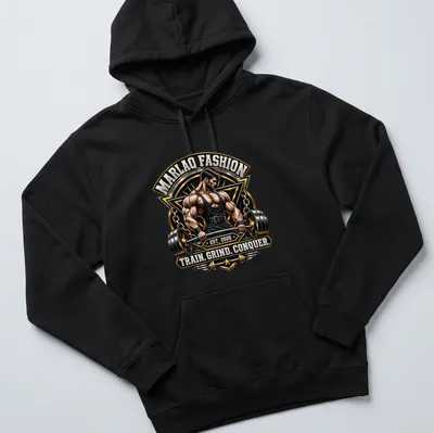 Bold typography with a bodybuilder lifting weights, showcasing inspirational message in black and gold. — printed on a unisex hoodie