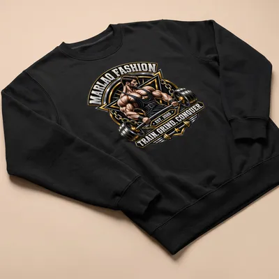 Bold typography with a bodybuilder lifting weights, showcasing inspirational message in black and gold. — printed on a unisex sweatshirt