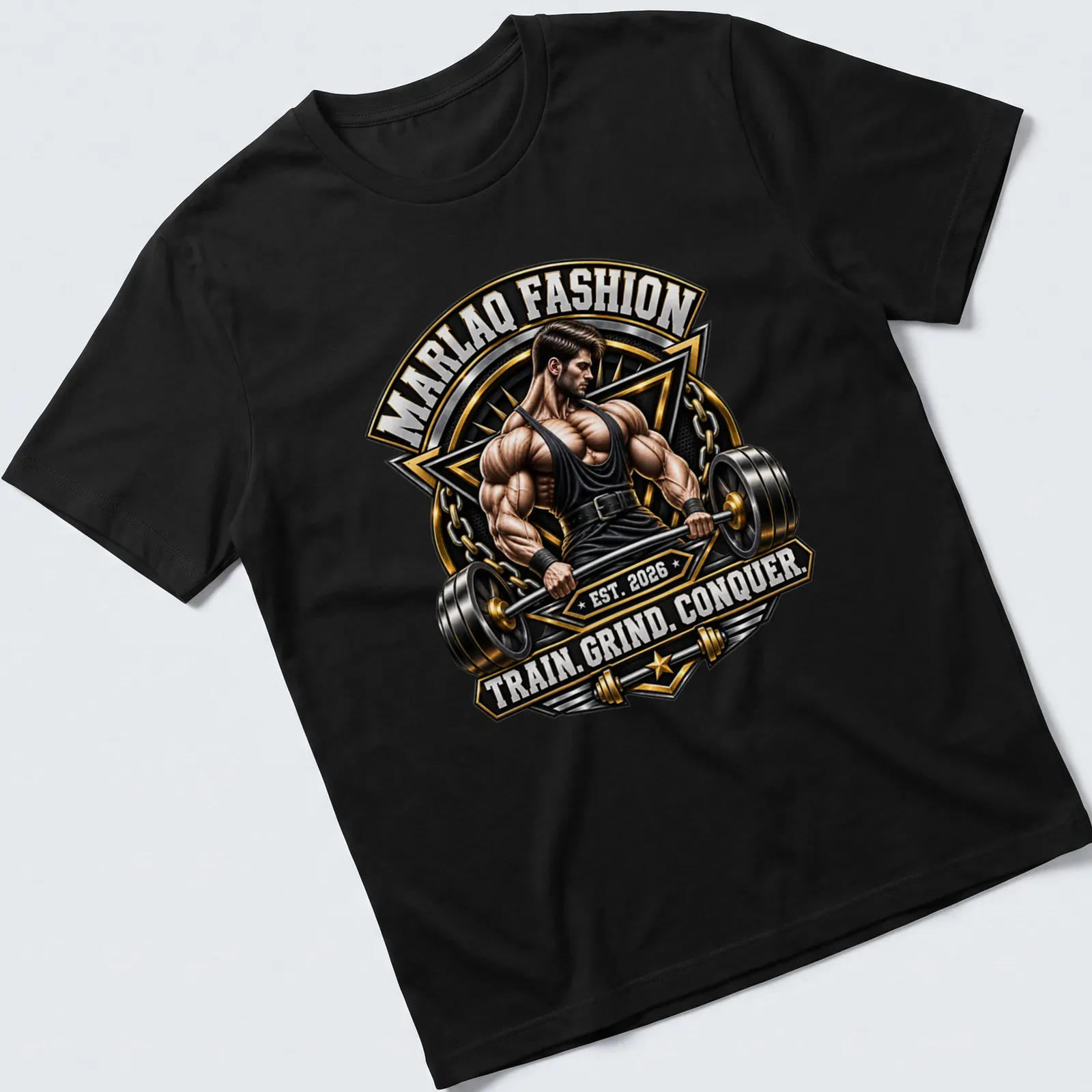 Bold typography with a bodybuilder lifting weights, showcasing inspirational message in black and gold. — printed on a unisex t-shirt