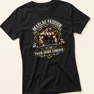 Bold typography with a bodybuilder lifting weights, showcasing inspirational message in black and gold. — printed on a women's shirt