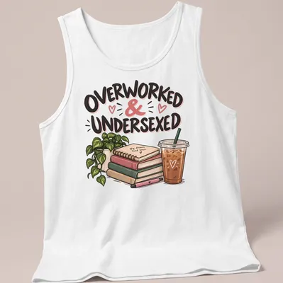Illustrative design featuring books and coffee with the phrase 'Overworked & Undersexed' in fun typography — printed on a tank top