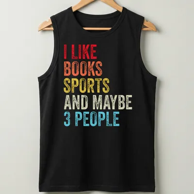Colorful typography shirt stating I Like Books Sports And Maybe 3 People — printed on a tank top