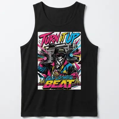 Vibrant retro graphic of a boombox with the text 'TURN IT UP OLD SCHOOL BEAT' — printed on a tank top