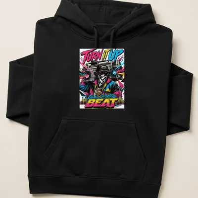 Vibrant retro graphic of a boombox with the text 'TURN IT UP OLD SCHOOL BEAT' — printed on a unisex hoodie