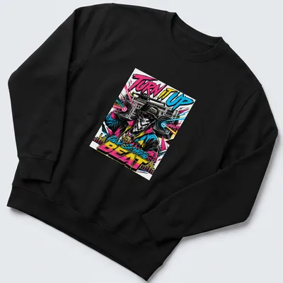Vibrant retro graphic of a boombox with the text 'TURN IT UP OLD SCHOOL BEAT' — printed on a unisex sweatshirt